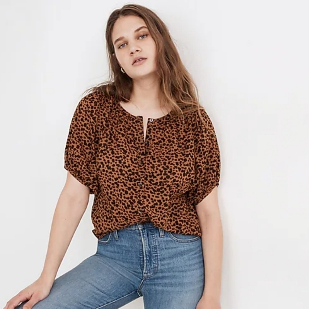 Madewell Leopard Print Puff Sleeve Blouse Puff Animal Print Twee Cottagecore XS
